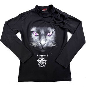 Spiral Direct Shirt Womens Small Black Cat Lattice Shoulder Long Sleeve Gothic